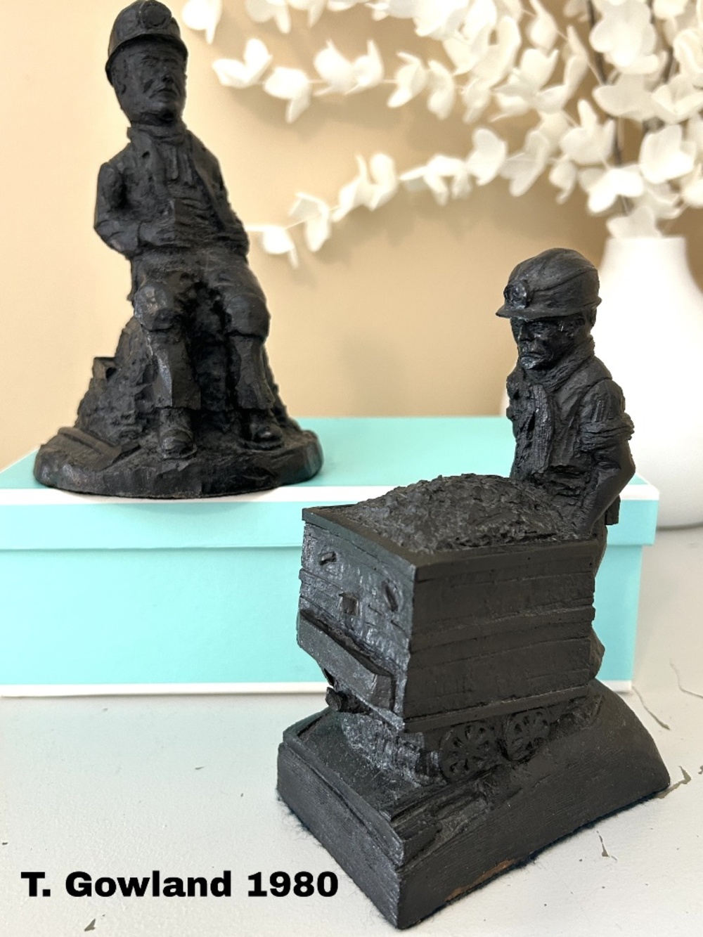 Vintage T. Gowland 1980 Signed Coal Miner Sculptures Set of Two